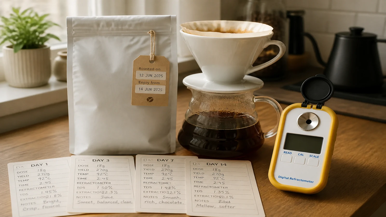 dial in freshly roasted beans with refractometer blog illustration